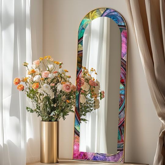 23,5’’W x 67’’H Kaleidoscope Fusion Rings – Abstract Floor Mirror Arched Full Lenght Mirror - Arch Full Body Stained Floor Mirror with Black Frame with Silver Frame