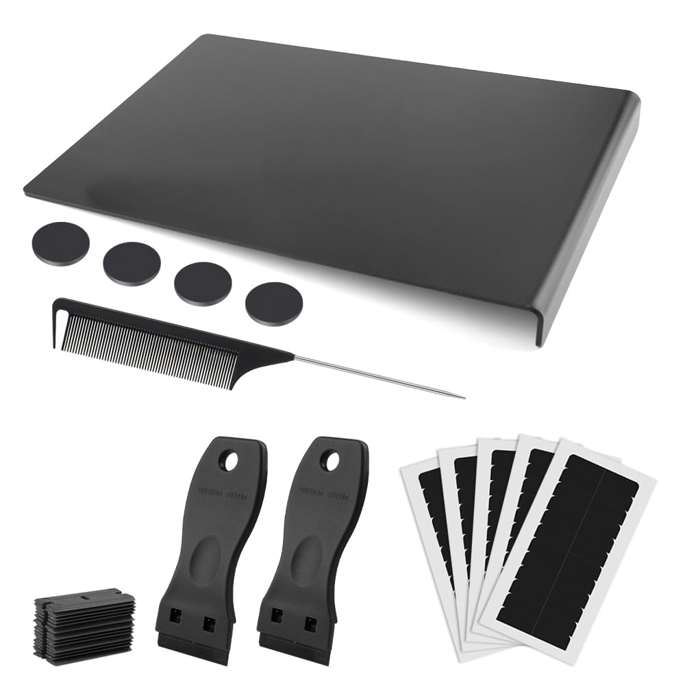 Hair Extension Tape Remover Kit Acrylic Tape Remover Board 5 Sheets Double Sided Tape 2Pcs Plastic Glue Remover Scraper with 10Pcs Replacement Blades Operation Board for Tape In Extensions