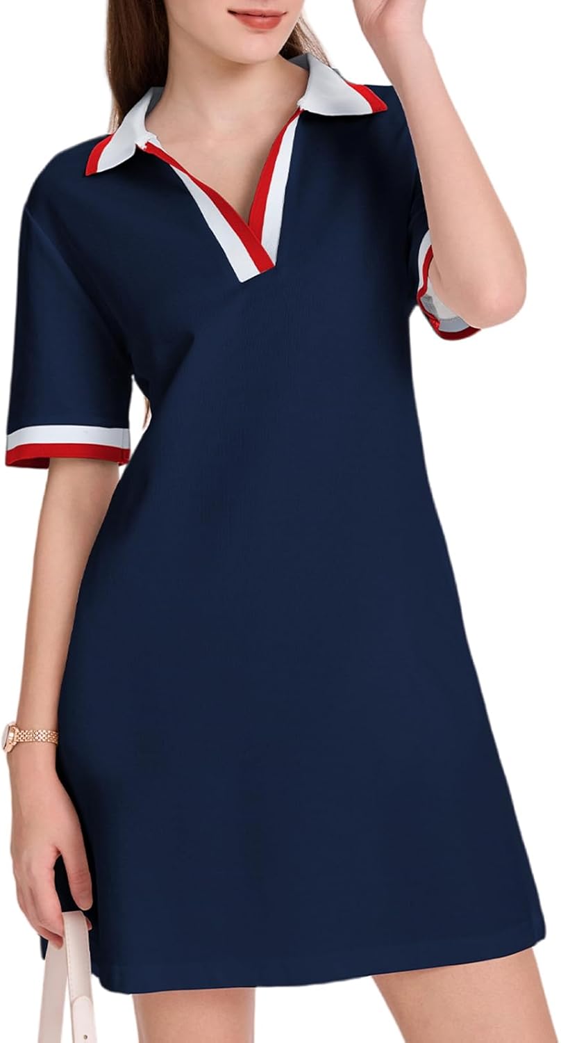 WOWULOVELY Polo Dress for Women V Neck Casual Short Sleeve Mini Shirt Dress Flowy Contrast Color Golf Tennis A Line Dresses(Navy-L) - Image 5