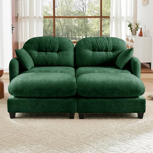 Image of KEIKI 74 inch Oversized Chenille Modular Sectional Loveseat Sofa with 2 Ottoman, High-Density Foam Cushions, Tufted Pleated Cushion Backrest, Modern 2-Seater Couch with 2 Pillow, for Living Room, Green