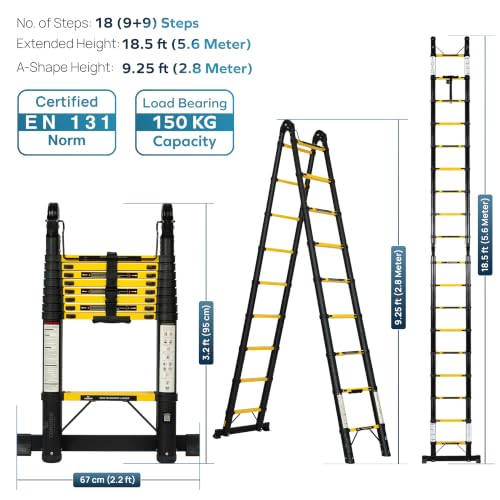Image of Corvids 5.6m (18.5 ft) Foldable A-Type Carbon Steel Telescopic Ladder, 2-Year Warranty, 18-Step Heavy Duty Extension Ladder, Q195 Rustproof Alloy Steel, Portable Ladder for Home & Outdoor use