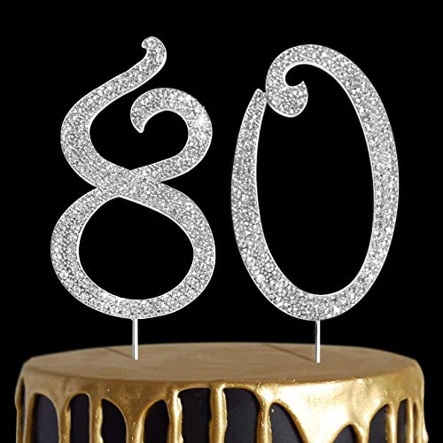 Number Cake Topper 80, Uniideco Silver Rhinestone Premium Metal Bling Bling Cake Decor, Sparkly Happy Birthday Wedding Anniversary Party Decoration Centerpiece #TOP21