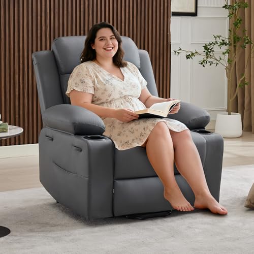 PeacefulHues Oversized Power Lift Recliner Chair for Elderly,Electric Lift Chair with Vibration Massage and Lumbar Heating,PU Leather Single Sofa with Side Pockets, Two Cup Holders for Big and Tall