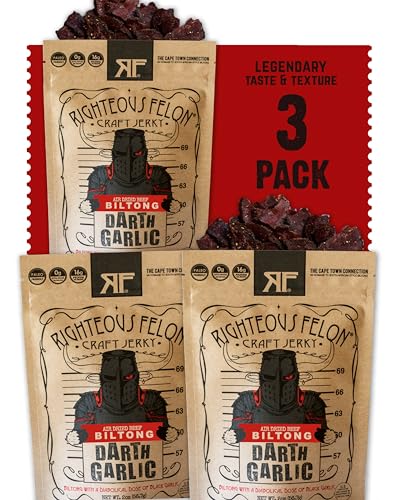 Righteous Felon Air Dried Biltong Beef Snack | KETO and PALEO | Gluten Free + High Protein | Hormone Free All Natural Biltong with No Artificial Flavors, Antibiotics or Preservatives - 3 Pack