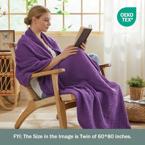 Image of EMME Cooling Muslin Twin Blanket - Checkered Lightweight Summer Cotton Blankets of Rayon Derived from Bamboo for Hot Sleepers (Purple, 60 inchx80 inch)
