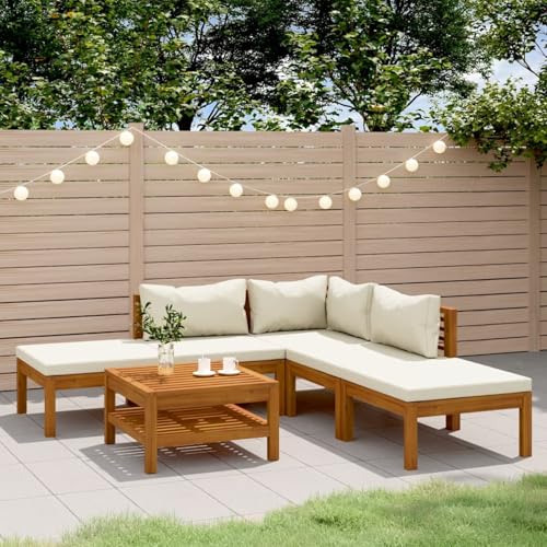 Tidyard Sillones Mesa para Exterior Patio Terraza Taburetes Sofa Jardin Exterior Muebles de jardín 6 pzas Cojines Crema Madera Maciza de Acacia Esquina + 2X centrales + 2X reposapiés + Mesa