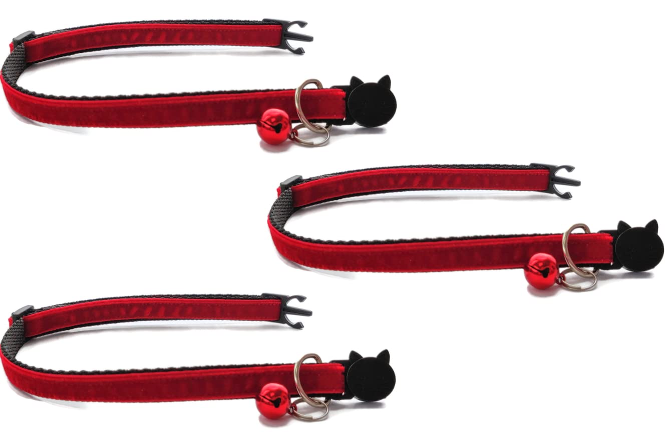 Velvet Cat Collars with Bell. Safe Breakaway Quick Release Buckle. Available in Cat & Kitten Size (Pack of 3) (Kitten Collar (15cm - Image 2