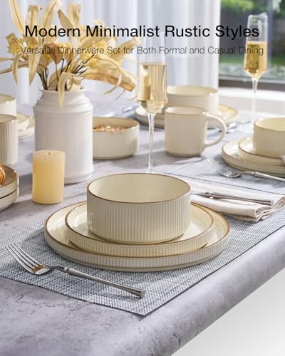 Image of Famiware Star 16-Piece Stoneware Dinnerware Set with Trim, Service for 4 -Ceramic Mugs, Plates and Bowls, Modern Rustic Dishes with High Edge, Chip /Scratch Resistant, Microwave /Dishwasher Safe, Cream
