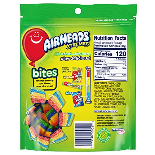Image of Airheads Candy, Xtremes Bites Sweetly Sour Candy, Rainbow Berry, Non Melting, Large Stand Up Bag, Party, 9 oz (Bulk Pack of 12)