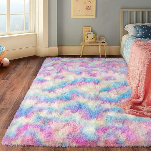 Rainbow Rug for Girls Bedroom, 5x7 Area Rug for Cute Girls Room, Bedside Indoor Floor Fluffy Shag Carpet, Plush Soft Rug for Living Room Nursery Dorm Home Decor