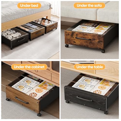 Under Bed Storage Containers with Wheels, Extra Large Wooden Underbed Shoes Organizer 2 Packs, Rolling Under the Bed Storage Drawers with Clear Lid, Heavy Duty Metal Frame for Clothes 36"L (Walnut)