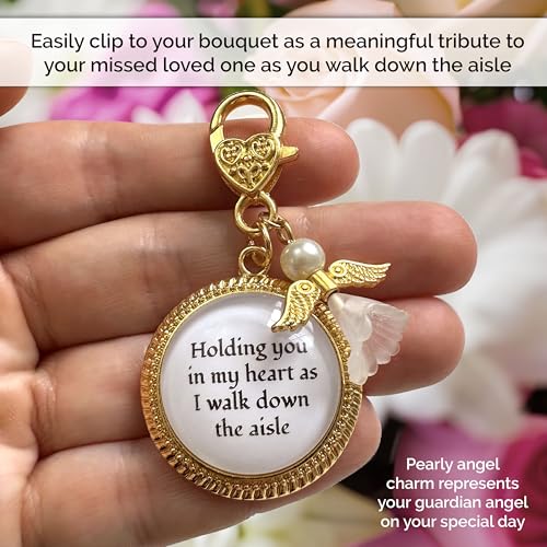 Wedding Bouquet Memorial Remembrance Charm with Angel and Quote Charm in my Heart as I Walk Down the Aisle Clip on Memory Wedding Day Bright Gold2