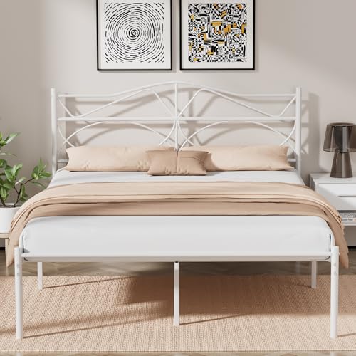 VECELO Queen Size Bed Frame, Metal Bed Platform with Headboard, Sturdy Steel Slats Support, No Box Spring Needed/Noise-Free,Easy Assembly
