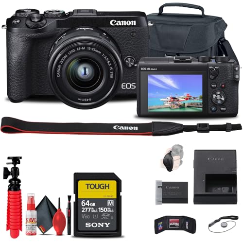 Canon EOS M6 Mark II Mirrorless Digital Camera with 15-45mm Lens (Black) + 64GB Tough Card + Case + Flex Tripod + Hand Strap + Cap Keeper + Memory Wallet + More (Renewed)