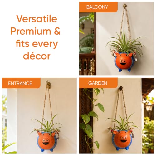 Image of AAKRITI ART CREATIONS Terracotta Hanging Planter | Blue Pig Design with Jute Hanger, Modern Art, Matte Finish | Decorative Hanging Pot for Indoor & Outdoor Home Decor