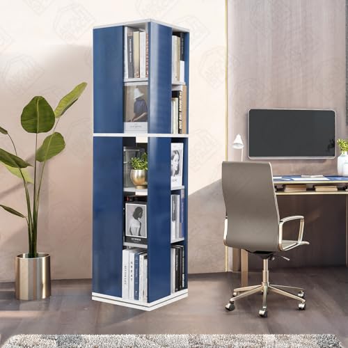 Image of ABOUT SPACE Rotating Book Shelf for Home Library - 5 Tier 360 Book Rack | Semi UV Gloss Laminate DIY Engineered Wood Book Stand with Partition & Bottom Turnplate (Blue & White L 38 x B 38 x H 150 cm)