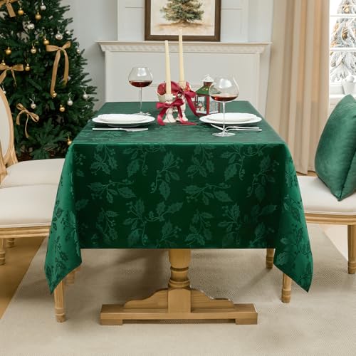 Softalker Christmas Jacquard Tablecloth - Waterproof Winter Vintage Damask Rectangle Table Cloth, Xmas Holly Polyester Fabric Table Cover Decor for Holiday, Dining, Party - Green 60 x 84 Inch – Image 6
