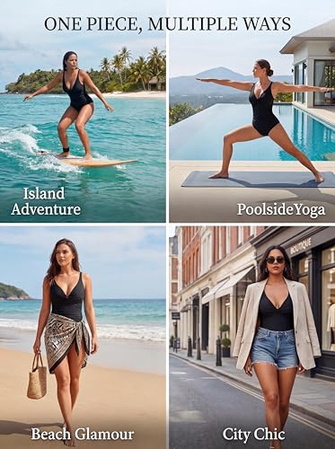 Image of Smismivo Women's Tummy Control Swimsuit One Piece Slimming Ruched Push Up Bathing Suit Vintage Padded Retro V Neck Swimwear