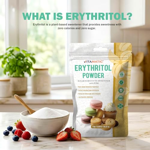 Vitamatic Erythritol Powder 1 kg (2.2 lb) &ndash; 100% Pure Sugar Substitute Sweetener &ndash; Zero Calorie, Zero Net Carbs, Keto Friendly, Non-GMO, Gluten Free, Vegan