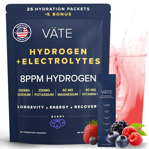 VATE Hydrogen Water Tablets + Electrolytes Powder Packets, 8 PPM Molecular Hydrogen + Electrolytes for Hydration, Focus & Recovery,Packets with Magnesium, Potassium, Vitamin C, 30 Count - Berry