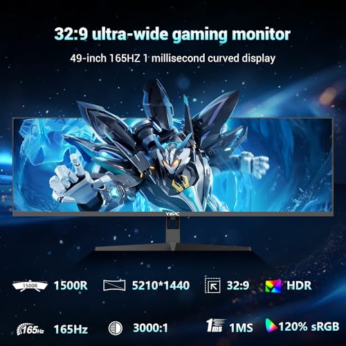 Image of 49 inch inch Curved Ultrawide Gaming Monitor DQHD 5120x1440 165Hz 32:9 1500R 120% sRGB FreeSync,HDR10,PIP /PBP,1ms MPRT,Eye Care,HDMI 2.1 * 2, DP1.4 * 2, VESA(100mm*100mm) Wall Mount Ready