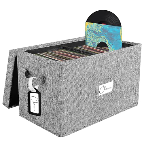 Woodoulogy Vinyl Record Storage Box for 7'/45 RPM LPs, Grey Case with Lid Holds up to 80 Albums, CD...