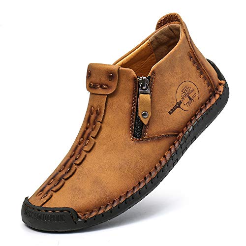 Mens Ankle Boots Leather Driving Shoes Casual Loafers Shoes Side Zipper Ankle Chukka Boots Vintage Hand Stitching Slip On Outdoor Non Slip Flats Walking Oxford Shoes Comfort Working Shoes Booties