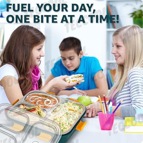 Image of TEKCOOL Lunch Box for Adults - Lunch Box for Kids with Spoon & Fork - Stainless Steel Lunch Box with 3 Compartment - Durable Perfect Size for On-The-Go Meal, BPA-Free