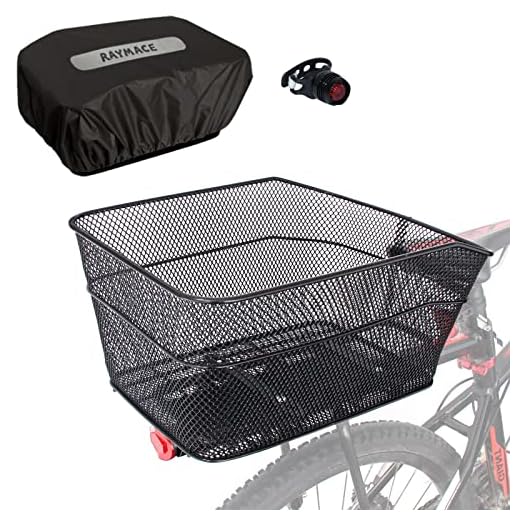 RAYMACE Rear Bike Basket with Waterproof Cover,Bicycle Cargo Rack Storage Basket Mount for Back Under Seat (Black Cover)