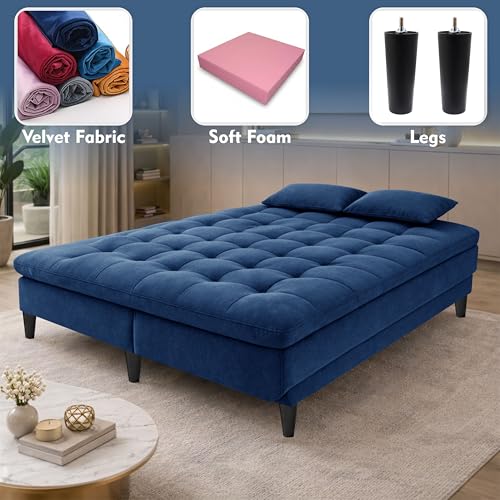 Image of Modern 3 Seater Sofa Cum Bed | Tufted Backrest | Velevt Fabric Upholstery | Living Room Furniture-Blue