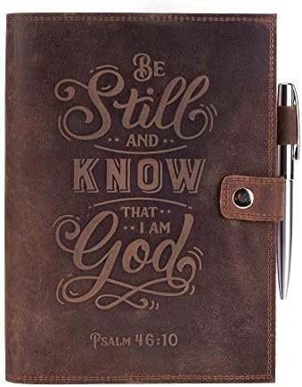 Refillable Leather Journal Lined Notebook - Journals for Women w/Psalm 46v10 Embossed Bible Verse - Vintage Handmade Leather Notebook with 320 Pages Milled A5 Ruled Paper & Luxury Pen by MOONSTER®