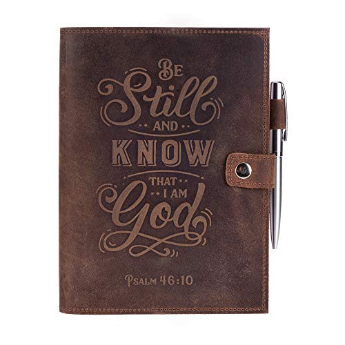 Refillable Leather Journal Lined Notebook - Journals for Women w/ Psalm 46v10 Embossed Bible Verse - Vintage Handmade Leather Notebook with 320 Pages Milled A5 Ruled Paper & Luxury Pen by MOONSTER®