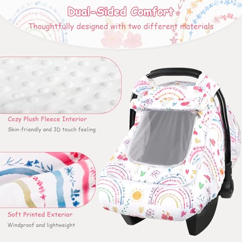 Image of Winter Car Seat Cover Baby with Sunshade & Dual Zipper Windows - Minky Bubble Lined Windproof Soft Shell, Warm Newborn Car Seat Canopy Covers, Elastic Bottom for Stroller & Infant Car Seat, Rainbow
