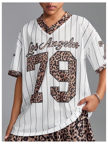 Image of WDIRARA Girl's Number Graphic Jersey Shirts Short Sleeve V Neck Tees Oversized T-Shirt Tops