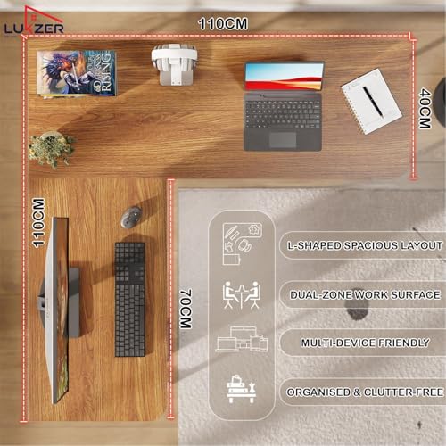 Image of Lukzer Engineered Wood L-Shaped Corner Study and Computer Laptop Table for Home or Office | MST-007 /White & Oak Brown | Multi-Functional Sturdy Gaming Station and WFH Desk with Metal Frame