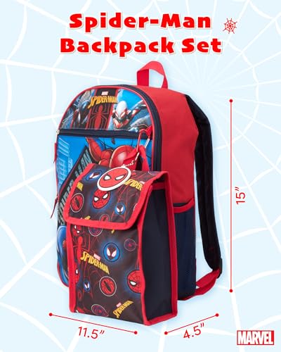 Fast Forward Spiderman Kids Backpack Set - 5 Piece 15" Backpack for School with Lunch Bag Water Bottle Keychain & Carabiner, Spider-man Blue/Red2