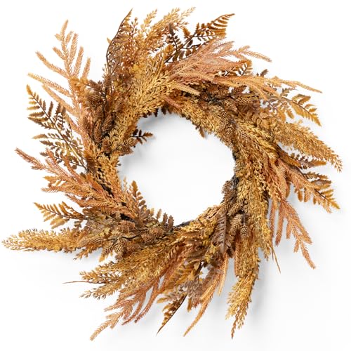 Fuxdre Fall Wreath 16inch Autumn Fall Door Wreaths with Orange Pine Needle Light Brown Pinecone Yellow Wheat Farmhouse Wreath Decor for Indoor Outdoor Window Wall Christmas Decor