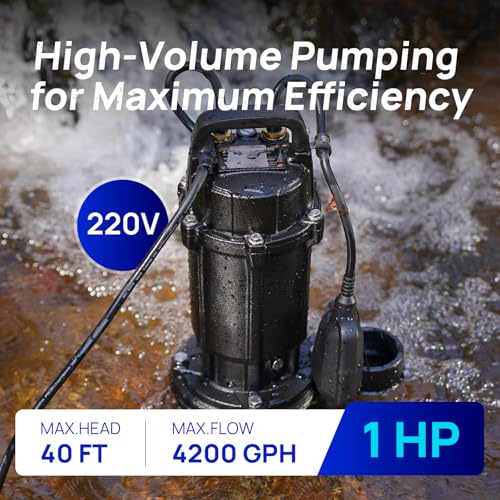 Aquastrong Sewage Grinder Pump, Cast Iron Effluent Pump, Auto Float Switch for Basement Sump Basin and Sewage Well, 2 inch Discharge, 220V 1HP 4200GPH