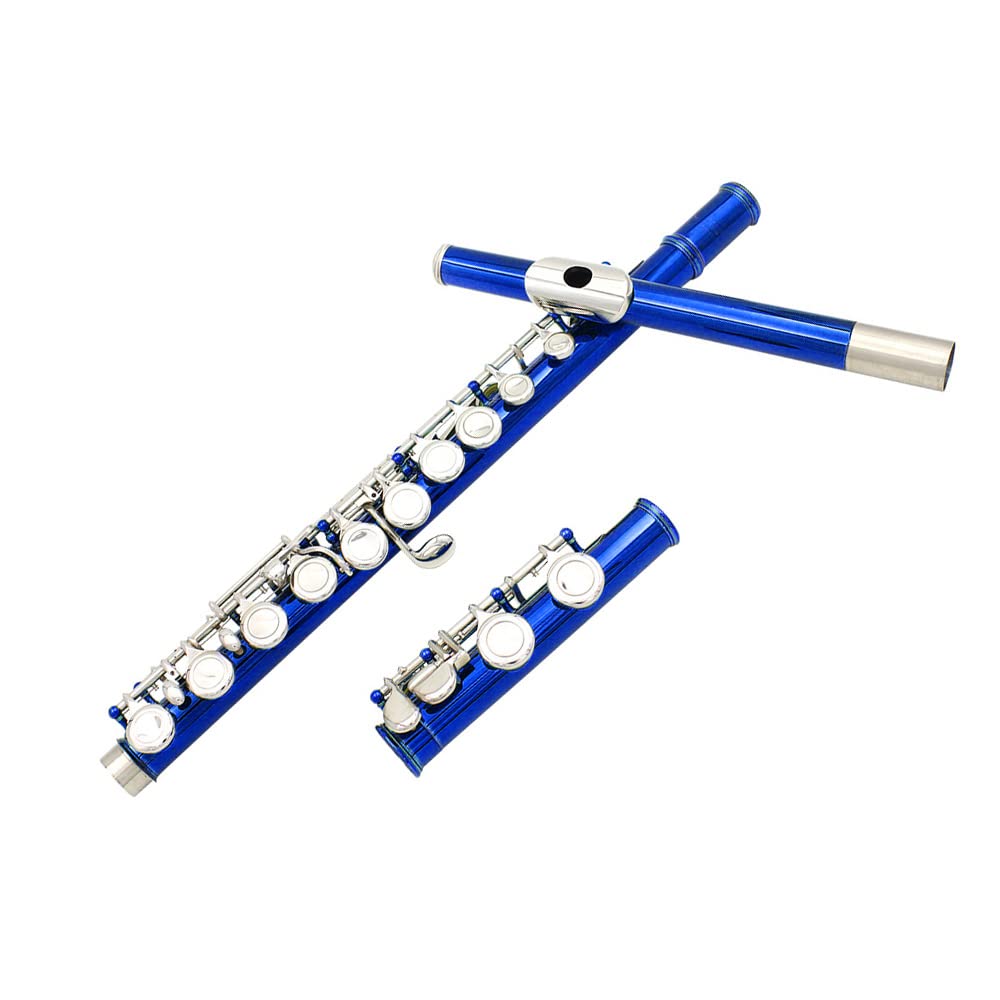 Flauta Travesera Cuproníquel Plateado 16 Agujeros C Clave Instrumento de Viento de Madera con Grease Cork Paño de Limpieza Guantes Palillo Mini Acolchado Caso Destornillador