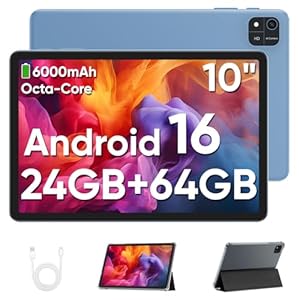 TUOHAITIME Android 16 Tablet 10 Zoll,24GB RAM+64GB ROM 2TB erweiterbar Tablet,Bildschirmauflösung 1280p,Unisoc T606 Octa-Core Prozessor,WiFi 6/Dual-Kamera/Face ID/GPS/6000mAh Akku (Blau)