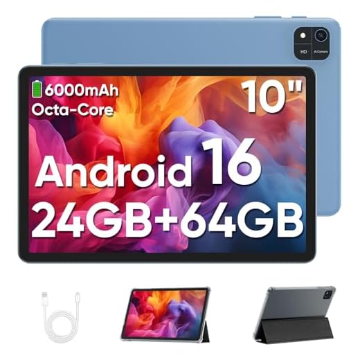 TUOHAITIME Android 16 Tablet 10 Zoll,24GB RAM+64GB ROM 2TB erweiterbar Tablet,Bildschirmauflösung 1280p,Unisoc T606 Octa-Core Prozessor,WiFi 6/Dual-Kamera/Face ID/GPS/6000mAh Akku (Blau)