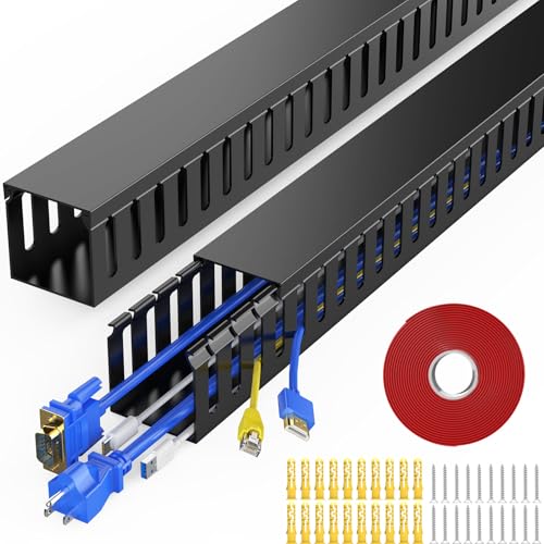 Open Slot Wiring Raceway Cable Duct 30.8in Cable Management Channel Cord Desk Wire Channel Under Desk Cable Management to Hide Cables Wires for Computers (Black 1.97 Hx1.97 W 15.4L(2 Pc))