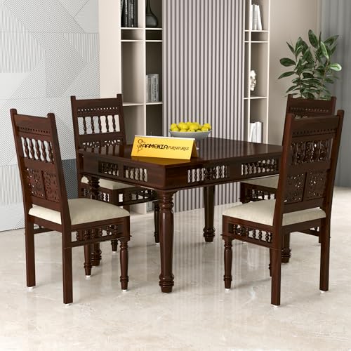 Image of Solid Sheesham Wood Traditional Dining Table 4 Seater Wooden Four Seater Dinning Table with 4 Chairs for Home Chairs with Cushion Dining Room Sets for Restaurants (Walnut Finish)