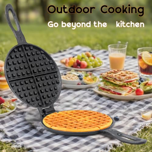 Cast Iron Waffle Maker for Stovetop or Camping Grill Two Piece Hinged Non Electric Waffle Iron Makes 7\" Round Waffles