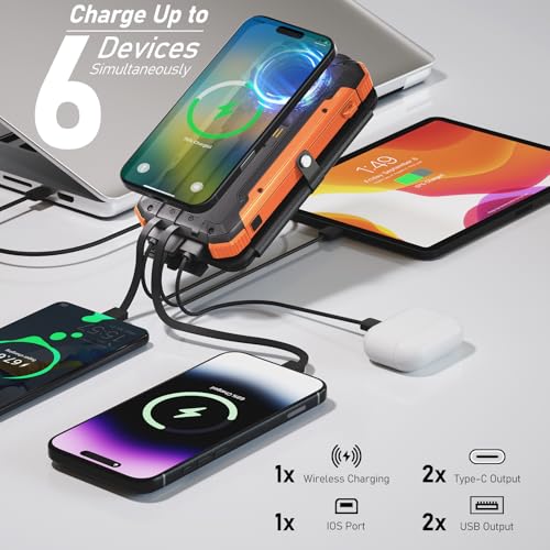 Image of Solar Power Bank 20000mAh Portable Charger Built-in 3 Cables and Wireless Charging Battery Pack Compatible for iPhone, IPX5 Waterproof, Bright Flashlight Perfect for Camping, Hiking, Outdoor