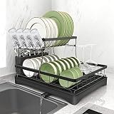 Carbon Steel Dish Drying Rack for Kitchen Counter, 2-Tier Dish Racks with Drainboard, Large Capacity