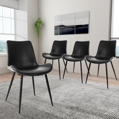 CangLong Dining Chairs Set of 4, Black Faux Leather Kitchen Chairs, Modern Upholstered Side Chairs Armless Accent Chairs with Soft Backrest & Metal Legs for Living Room, Meeting Room, Black