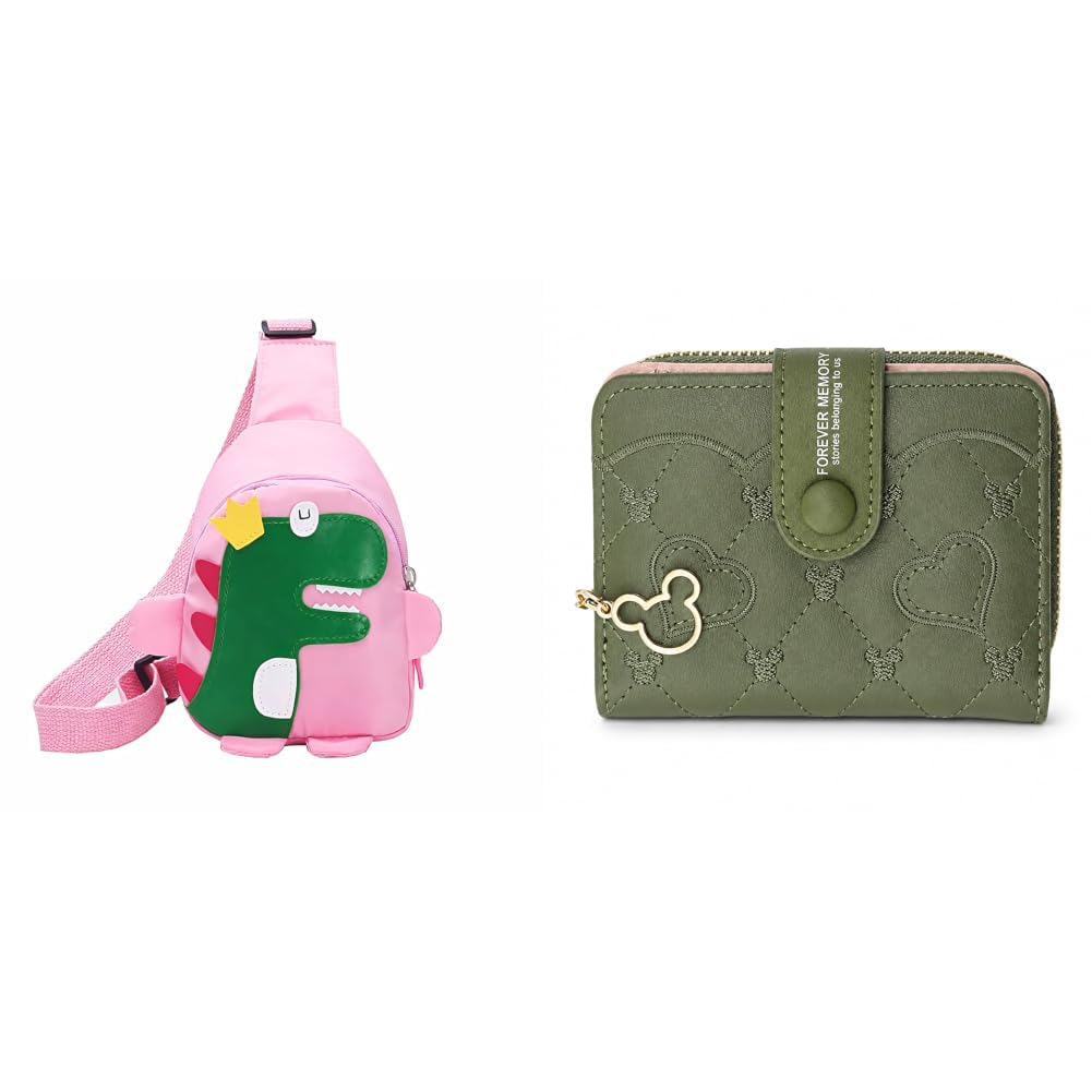 children's school bag dinosaur cartoon backpack nylon kids sling chest multi-purpose bag + women's short zipper buckle heart shaped wallet with key chain, cute for girls wallet coin &