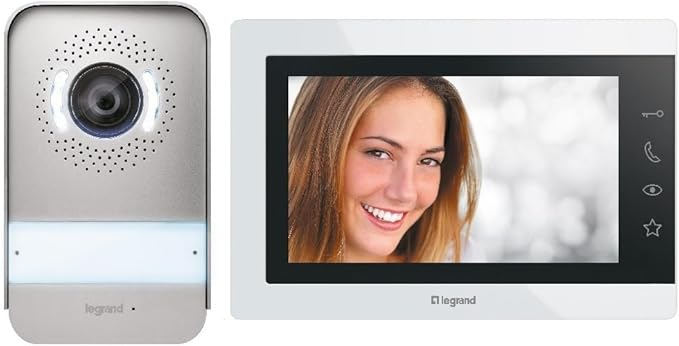 LEGRAND EASYKIT Essential, Kit de Videoportero de 2 hilos, Monitor a color de 7" y Cámara Gran Angular, 1 o 2 Unidades familiares, Ampliable, IP54-IK07, Blanco, 367910