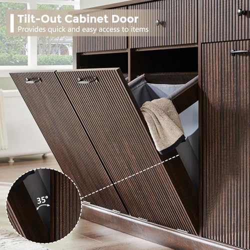 Image of IFBUY Triple Tilt Out Laundry Hamper Cabinet, Trash Can Cabinet, Brown